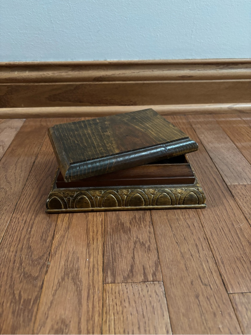 Vintage Hand Carved Wooden Jewelry Box with Basket Weave Wood Pattern